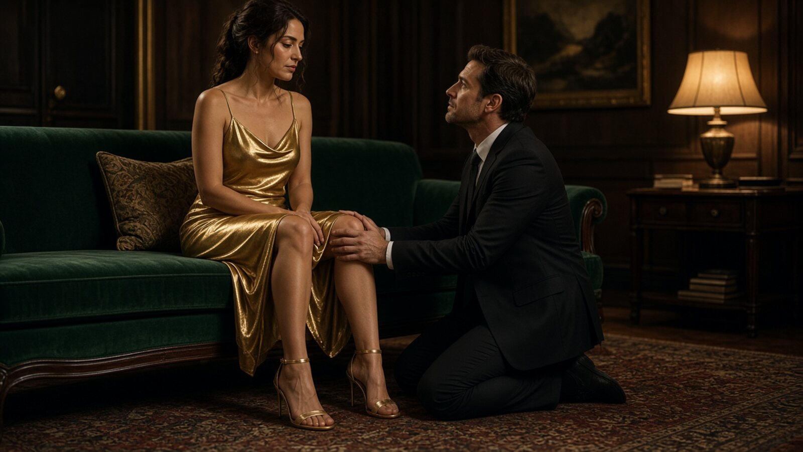 A woman sitting on the edge of a velvet sofa while a man kneels in front of her