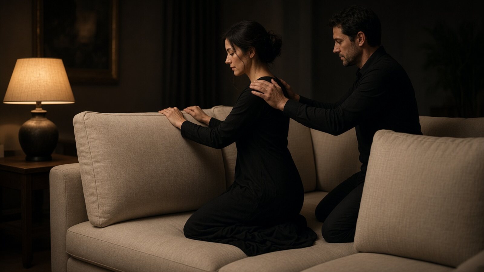 A woman kneeling on a sofa with a man kneeling behind her