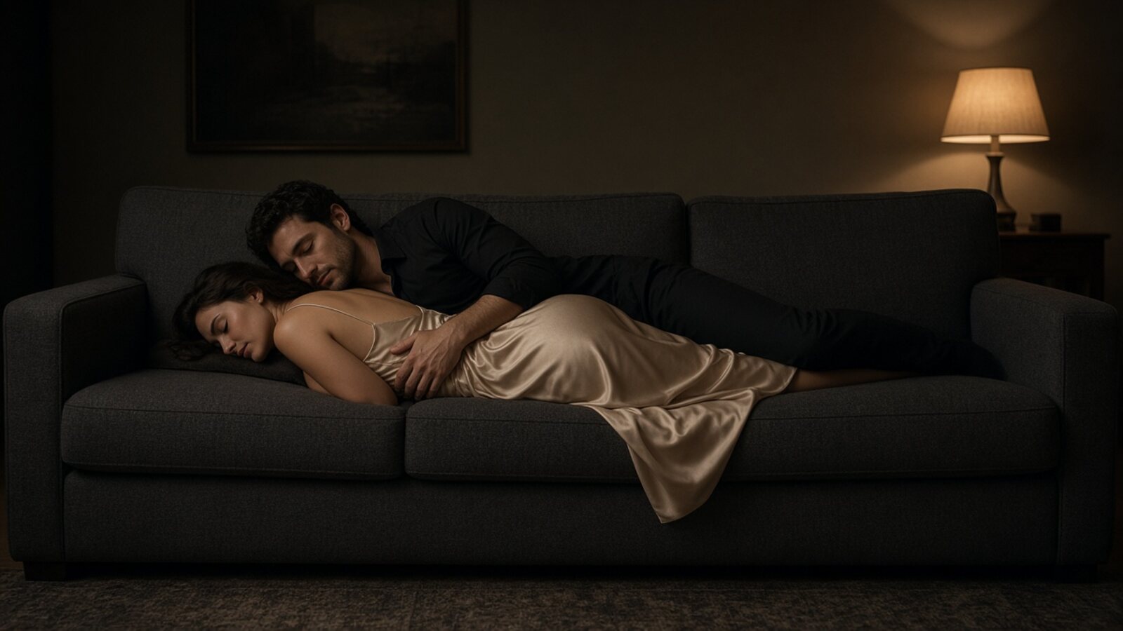 A man and a woman lying on their sides along a sofa